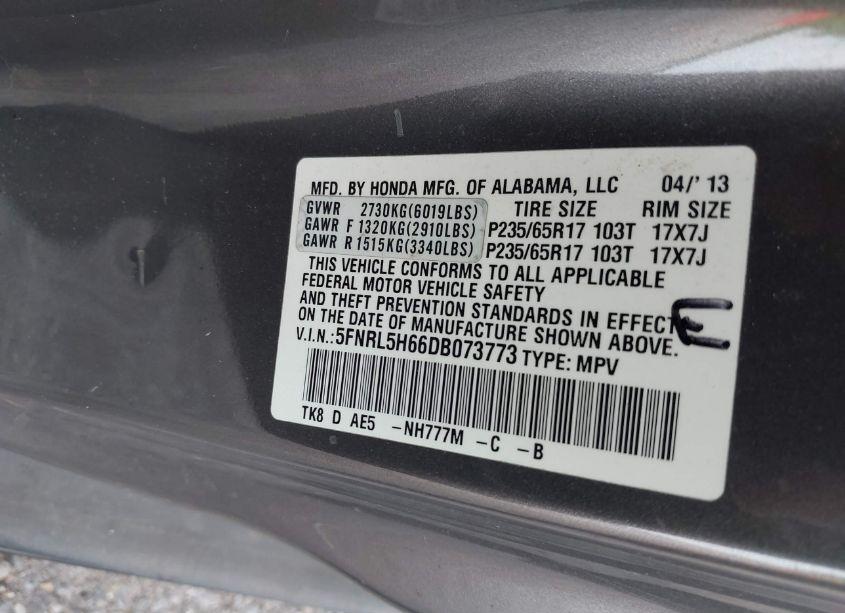 Photo 9 of 2013 Honda Odyssey EX-L (VIN 5FNRL5H66DB073773)