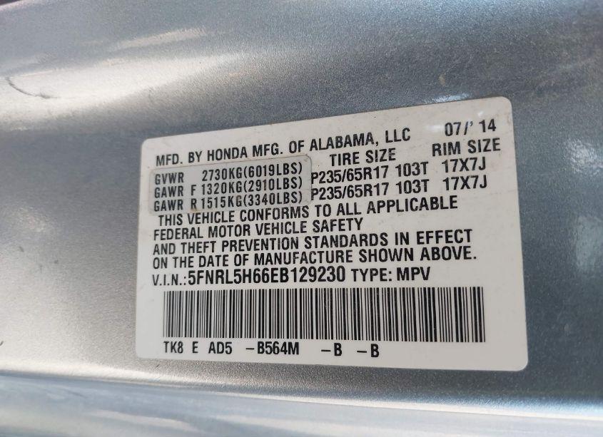 Photo 9 of 2014 Honda Odyssey EX-L (VIN 5FNRL5H66EB129230)