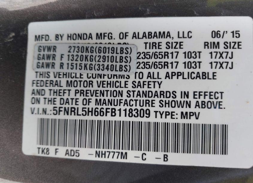 Photo 9 of 2015 Honda Odyssey EX-L (VIN 5FNRL5H66FB118309)