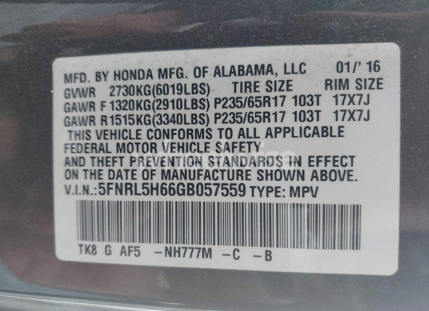 Photo 9 of 2016 Honda Odyssey EX-L (VIN 5FNRL5H66GB057559)