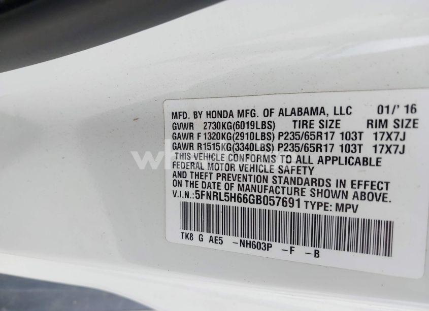 Photo 9 of 2016 Honda Odyssey EX-L (VIN 5FNRL5H66GB057691)