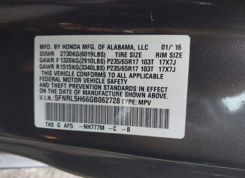 Photo 9 of 2016 Honda Odyssey EX-L (VIN 5FNRL5H66GB062728)