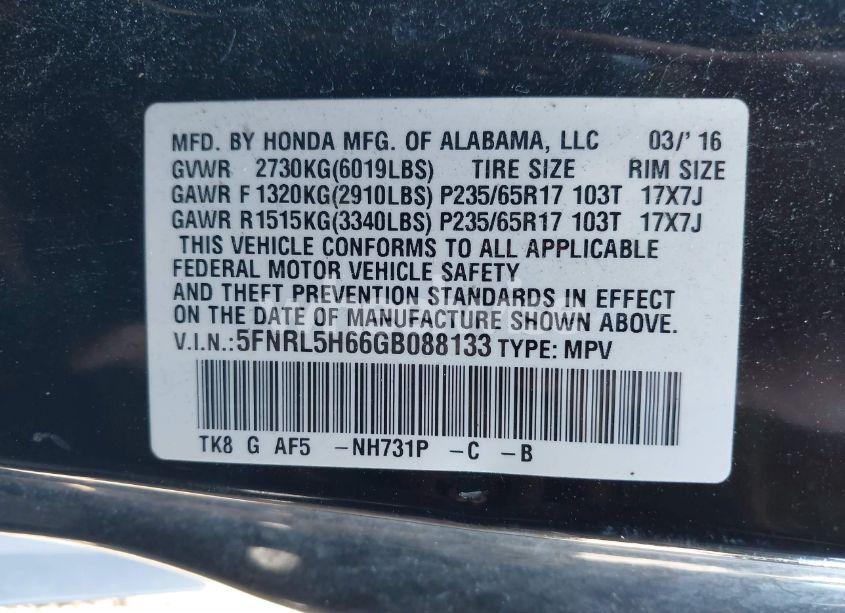 Photo 9 of 2016 Honda Odyssey EX-L (VIN 5FNRL5H66GB088133)