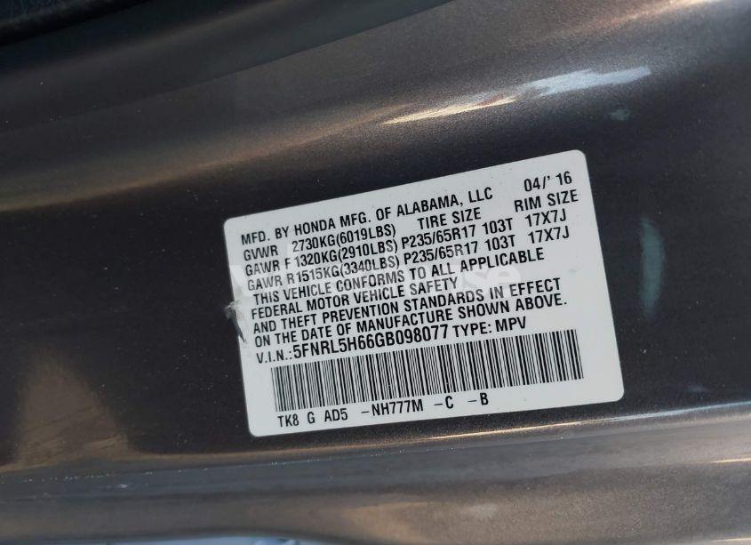 Photo 9 of 2016 Honda Odyssey EX-L (VIN 5FNRL5H66GB098077)