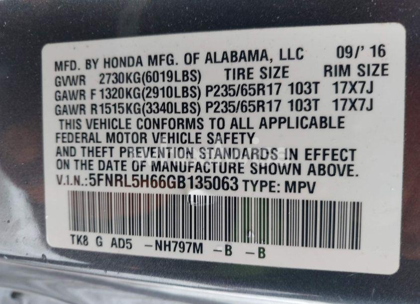 Photo 9 of 2016 Honda Odyssey EX-L (VIN 5FNRL5H66GB135063)