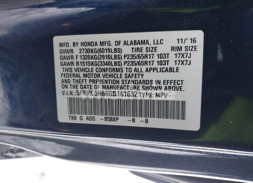 Photo 9 of 2016 Honda Odyssey EX-L (VIN 5FNRL5H66GB161632)