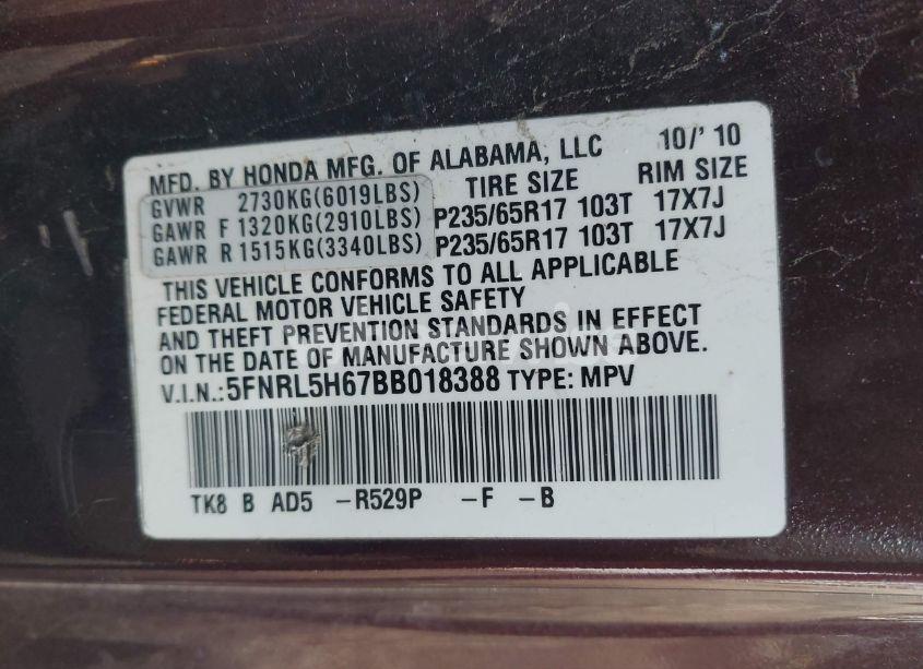 Photo 9 of 2011 Honda Odyssey EX-L (VIN 5FNRL5H67BB018388)