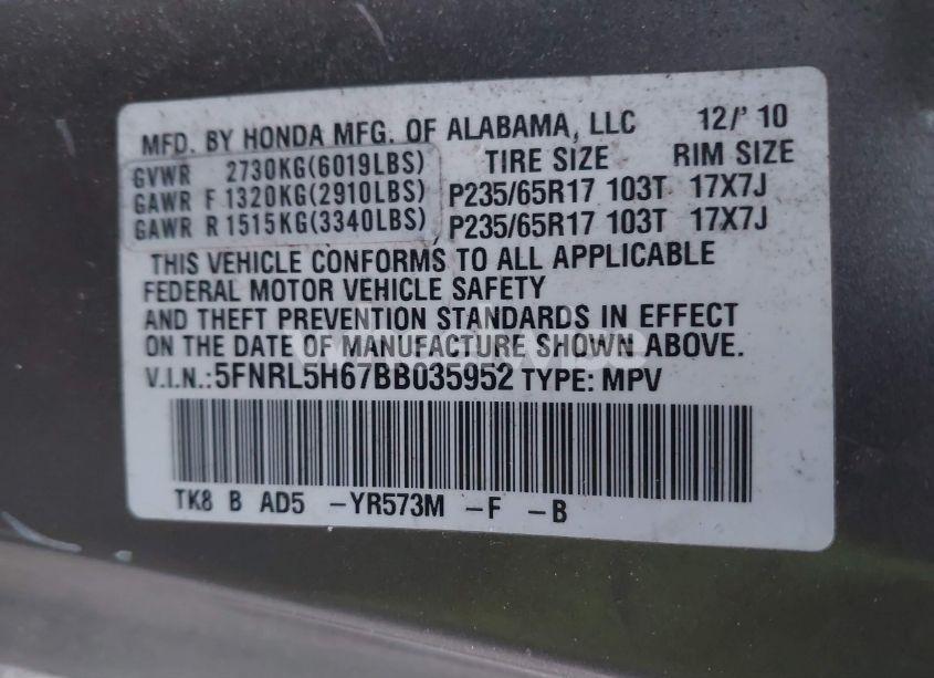 Photo 9 of 2011 Honda Odyssey EX-L (VIN 5FNRL5H67BB035952)