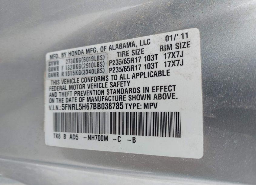 Photo 9 of 2011 Honda Odyssey EX-L (VIN 5FNRL5H67BB038785)