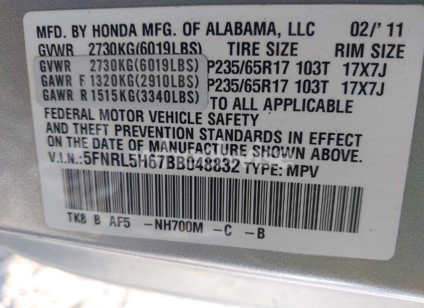 Photo 9 of 2011 Honda Odyssey EX-L (VIN 5FNRL5H67BB048832)