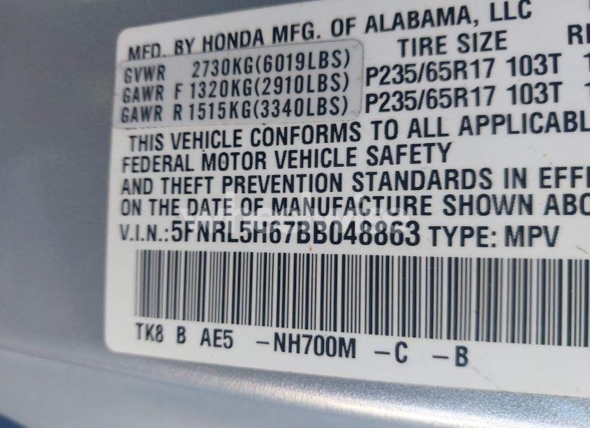 Photo 9 of 2011 Honda Odyssey EX-L (VIN 5FNRL5H67BB048863)