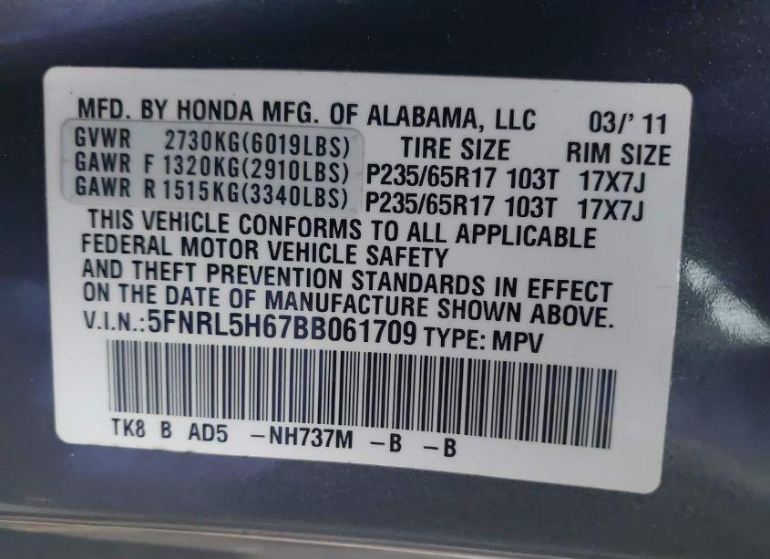 Photo 9 of 2011 Honda Odyssey EX-L (VIN 5FNRL5H67BB061709)