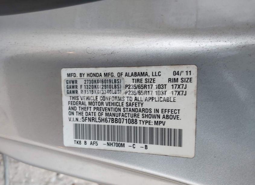 Photo 9 of 2011 Honda Odyssey EX-L (VIN 5FNRL5H67BB071088)