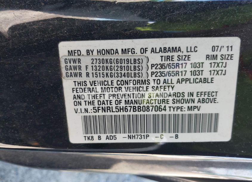 Photo 9 of 2011 Honda Odyssey EX-L (VIN 5FNRL5H67BB087064)