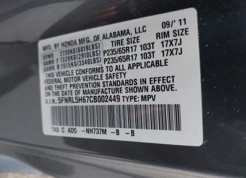 Photo 9 of 2012 Honda Odyssey EX-L (VIN 5FNRL5H67CB002449)
