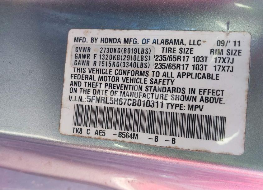 Photo 9 of 2012 Honda Odyssey EX-L (VIN 5FNRL5H67CB010311)