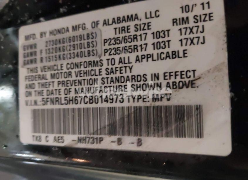 Photo 9 of 2012 Honda Odyssey EX-L (VIN 5FNRL5H67CB014973)