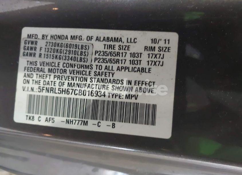 Photo 9 of 2012 Honda Odyssey EX-L (VIN 5FNRL5H67CB016934)