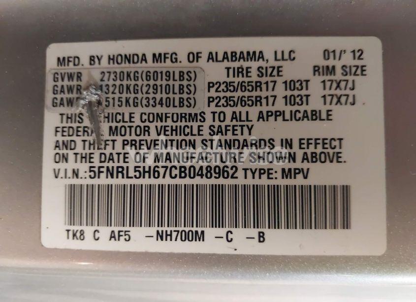 Photo 9 of 2012 Honda Odyssey EX-L (VIN 5FNRL5H67CB048962)