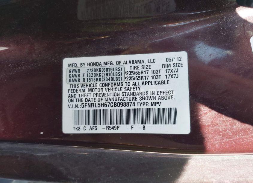 Photo 9 of 2012 Honda Odyssey EX-L (VIN 5FNRL5H67CB098874)