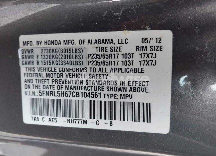 Photo 9 of 2012 Honda Odyssey EX-L (VIN 5FNRL5H67CB104561)