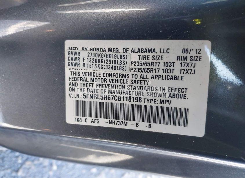 Photo 9 of 2012 Honda Odyssey EX-L (VIN 5FNRL5H67CB118198)