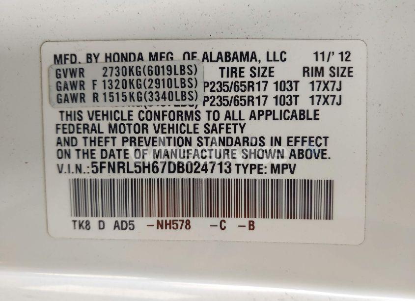 Photo 9 of 2013 Honda Odyssey EX-L (VIN 5FNRL5H67DB024713)