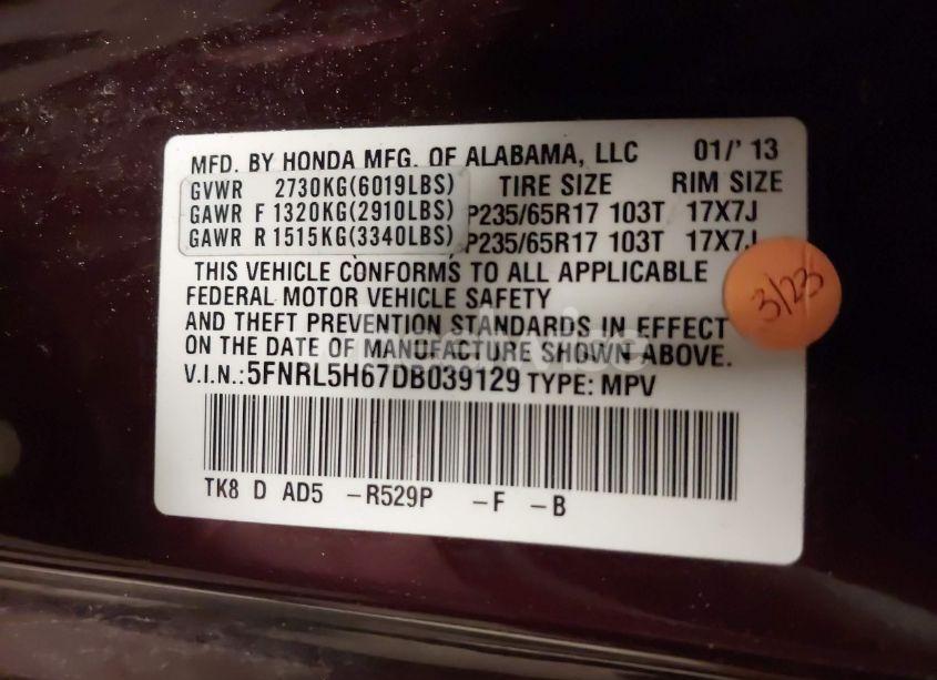 Photo 9 of 2013 Honda Odyssey EX-L (VIN 5FNRL5H67DB039129)