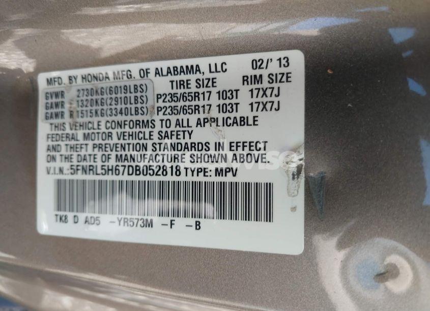 Photo 9 of 2013 Honda Odyssey EX-L (VIN 5FNRL5H67DB052818)