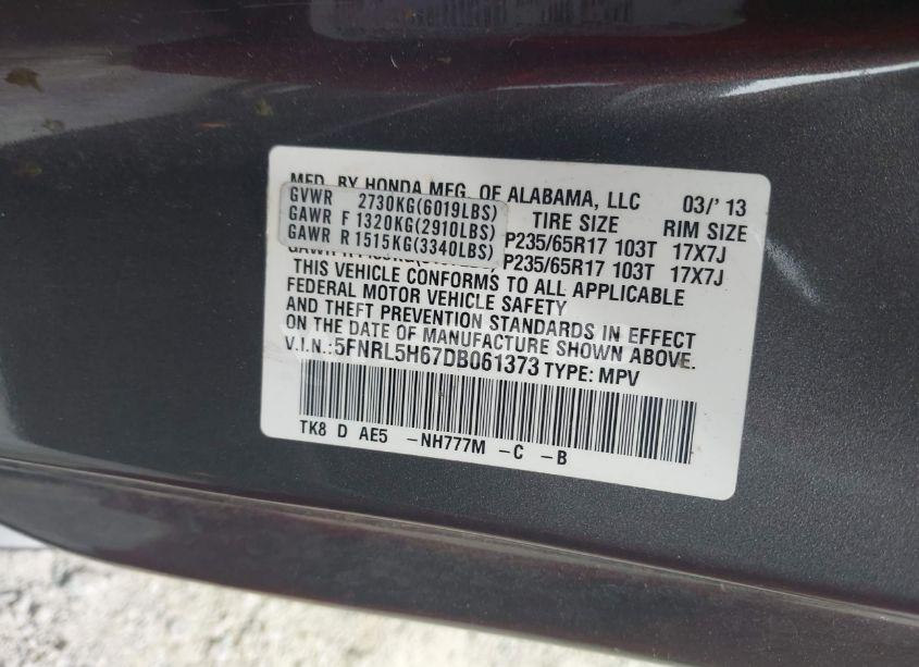 Photo 9 of 2013 Honda Odyssey EX-L (VIN 5FNRL5H67DB061373)