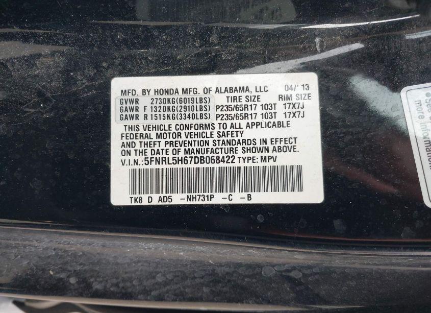 Photo 9 of 2013 Honda Odyssey EX-L (VIN 5FNRL5H67DB068422)