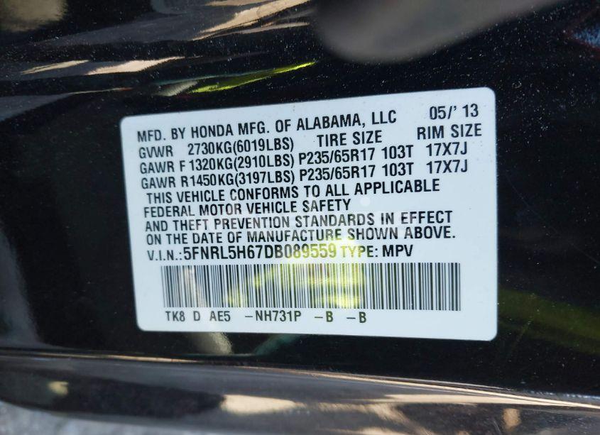 Photo 9 of 2013 Honda Odyssey EX-L (VIN 5FNRL5H67DB089559)