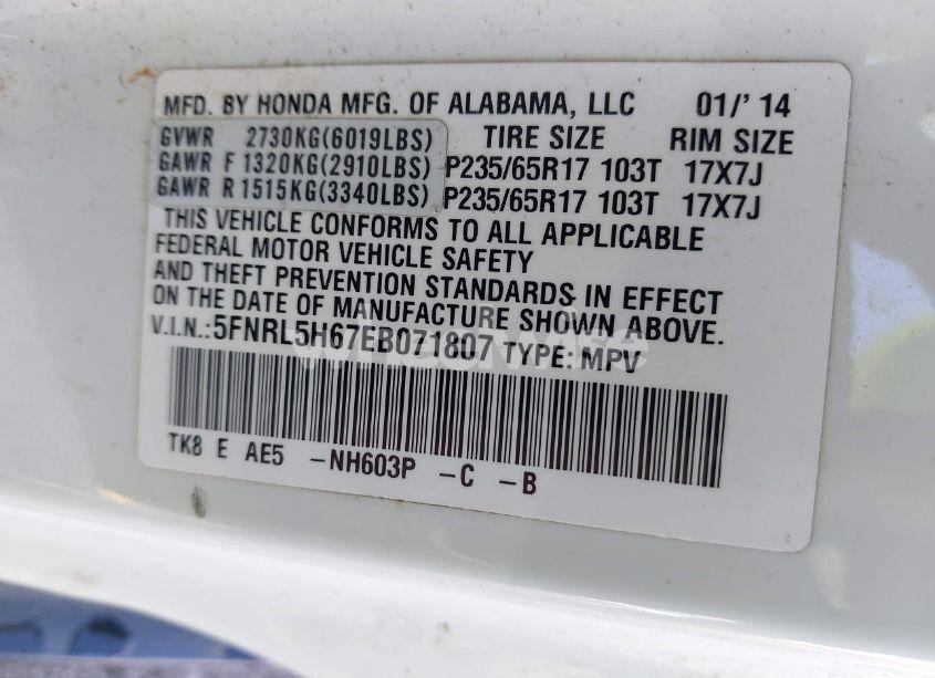 Photo 9 of 2014 Honda Odyssey EX-L (VIN 5FNRL5H67EB071807)