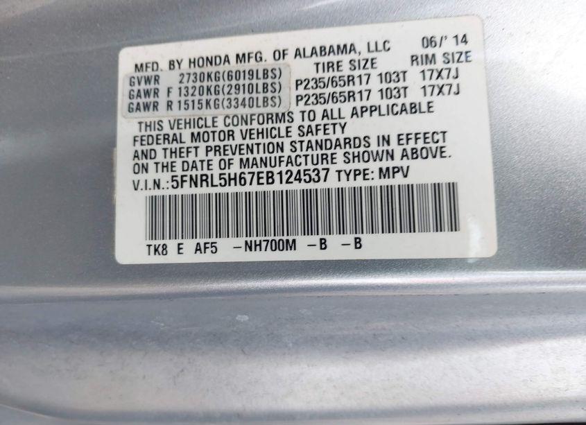 Photo 9 of 2014 Honda Odyssey EX-L (VIN 5FNRL5H67EB124537)