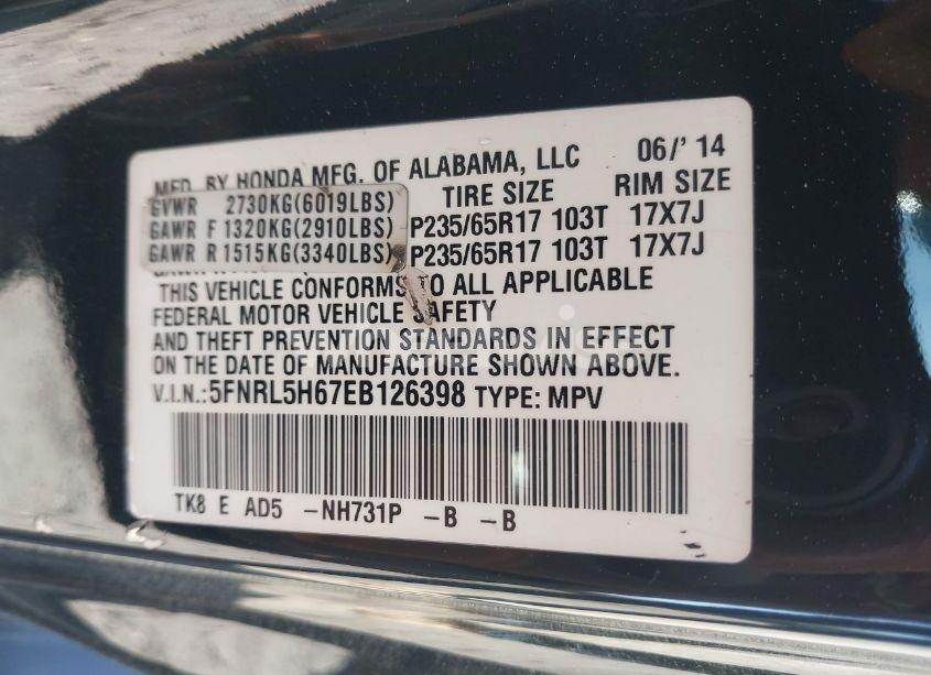 Photo 9 of 2014 Honda Odyssey EX-L (VIN 5FNRL5H67EB126398)