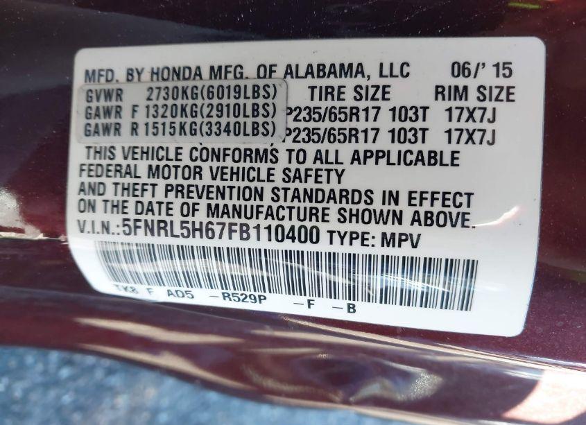 Photo 9 of 2015 Honda Odyssey EX-L (VIN 5FNRL5H67FB110400)