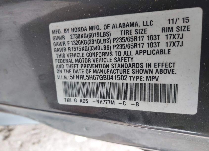 Photo 9 of 2016 Honda Odyssey EX-L (VIN 5FNRL5H67GB041502)