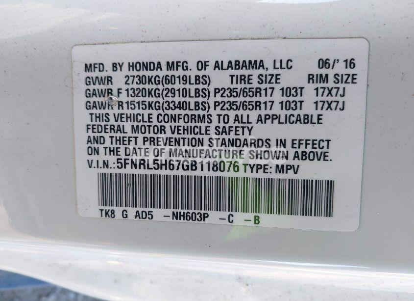 Photo 9 of 2016 Honda Odyssey EX-L (VIN 5FNRL5H67GB118076)