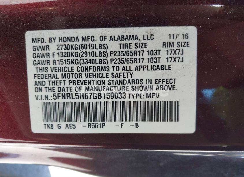 Photo 9 of 2016 Honda Odyssey EX-L (VIN 5FNRL5H67GB159033)