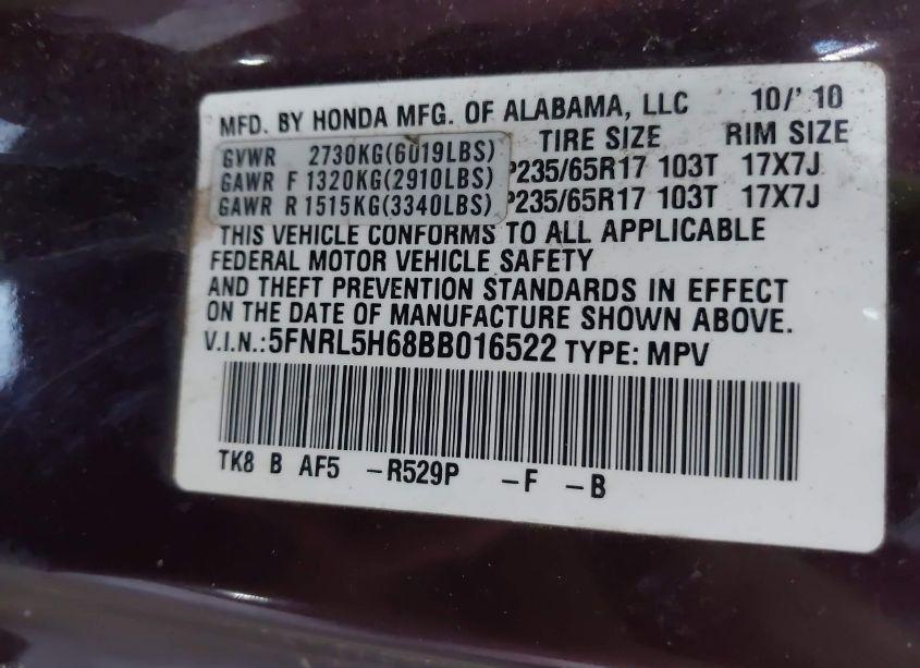 Photo 9 of 2011 Honda Odyssey EX-L (VIN 5FNRL5H68BB016522)