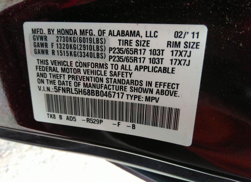 Photo 9 of 2011 Honda Odyssey EX-L (VIN 5FNRL5H68BB046717)