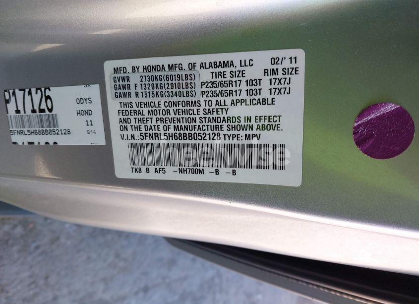 Photo 9 of 2011 Honda Odyssey EX-L (VIN 5FNRL5H68BB052128)