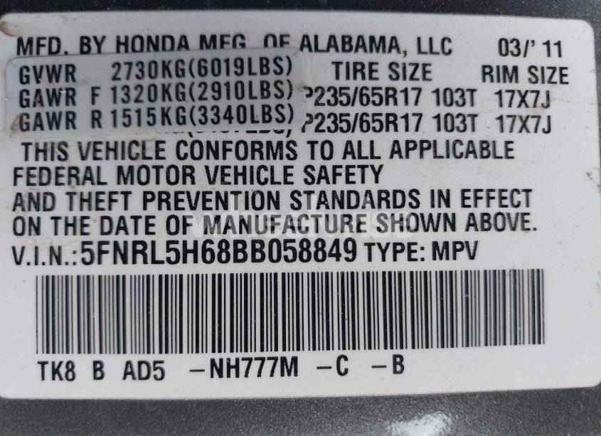 Photo 9 of 2011 Honda Odyssey EX-L (VIN 5FNRL5H68BB058849)