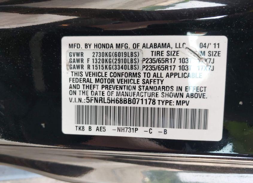 Photo 9 of 2011 Honda Odyssey EX-L (VIN 5FNRL5H68BB071178)