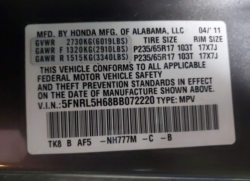 Photo 9 of 2011 Honda Odyssey EX-L (VIN 5FNRL5H68BB072220)