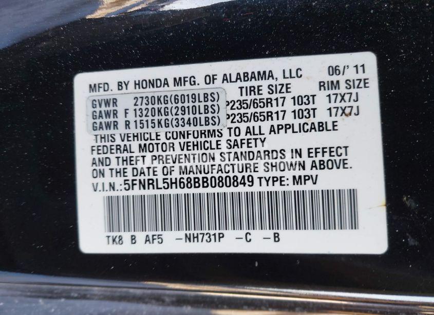 Photo 9 of 2011 Honda Odyssey EX-L (VIN 5FNRL5H68BB080849)