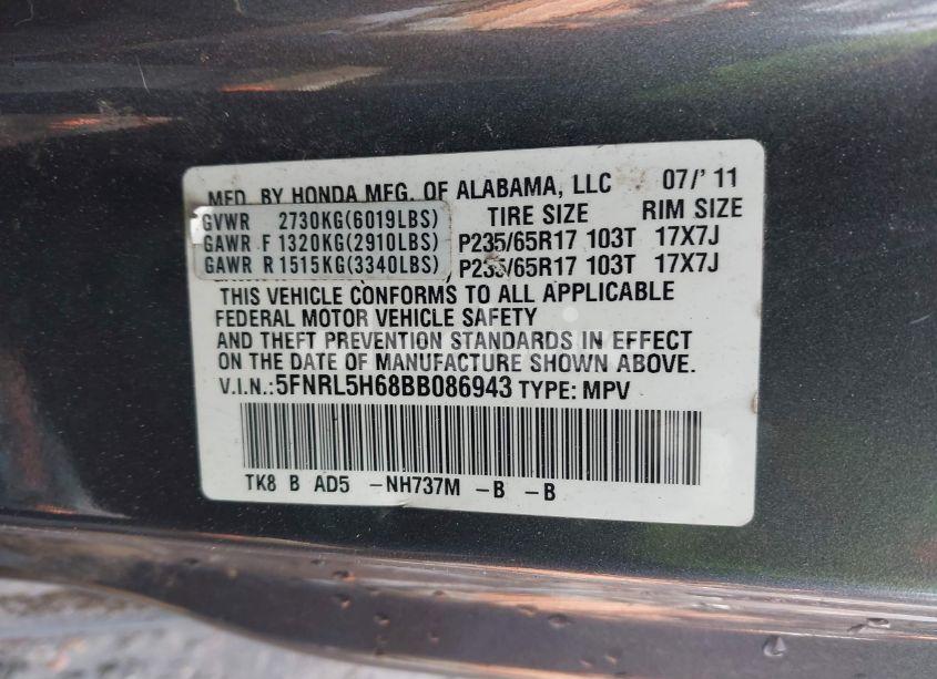 Photo 9 of 2011 Honda Odyssey EX-L (VIN 5FNRL5H68BB086943)