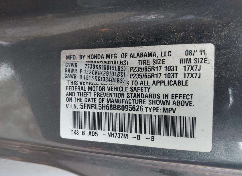 Photo 9 of 2011 Honda Odyssey EX-L (VIN 5FNRL5H68BB095626)