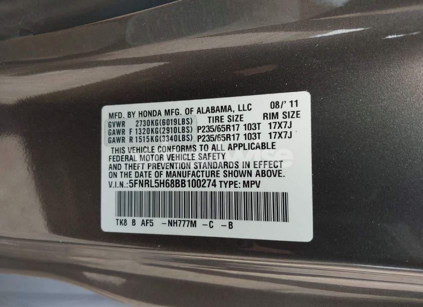 Photo 9 of 2011 Honda Odyssey EX-L (VIN 5FNRL5H68BB100274)