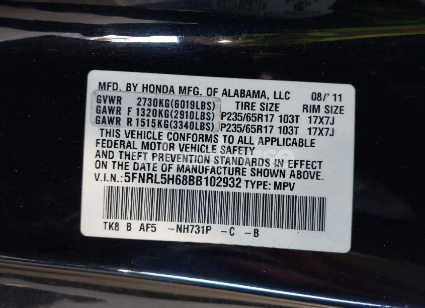 Photo 9 of 2011 Honda Odyssey EX-L (VIN 5FNRL5H68BB102932)